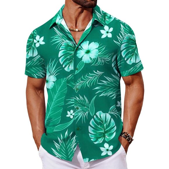 Other - Tropical Green Hawaiian Shirt Men's Floral Print Short Sleeve Summer Beach Wear